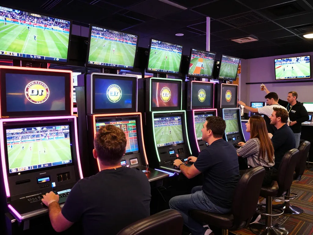 Active sports betting scene at https://nk88.co.uk/, showing enthusiastic patrons engaged in live events and betting kiosks.