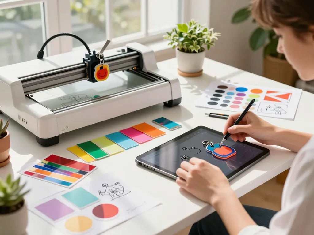 Acrylic keychains selbst gestalten in a creative designer workspace with colorful materials.