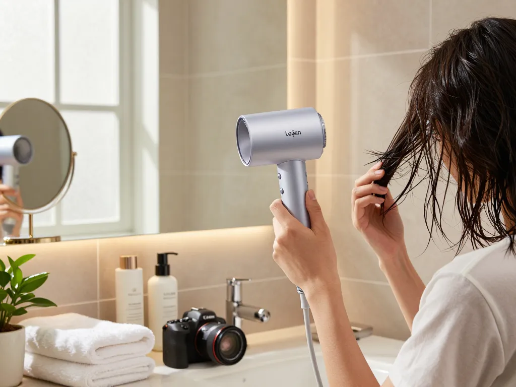 Laifen NEO Haartrockner in einem stilvollen urbanen Badezimmer, das Morgenroutinen mit Eleganz verbessert.