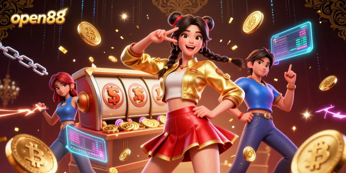 Experience the excitement of open88 with vibrant 3D gameplay elements and a joyful character engaging in slots.