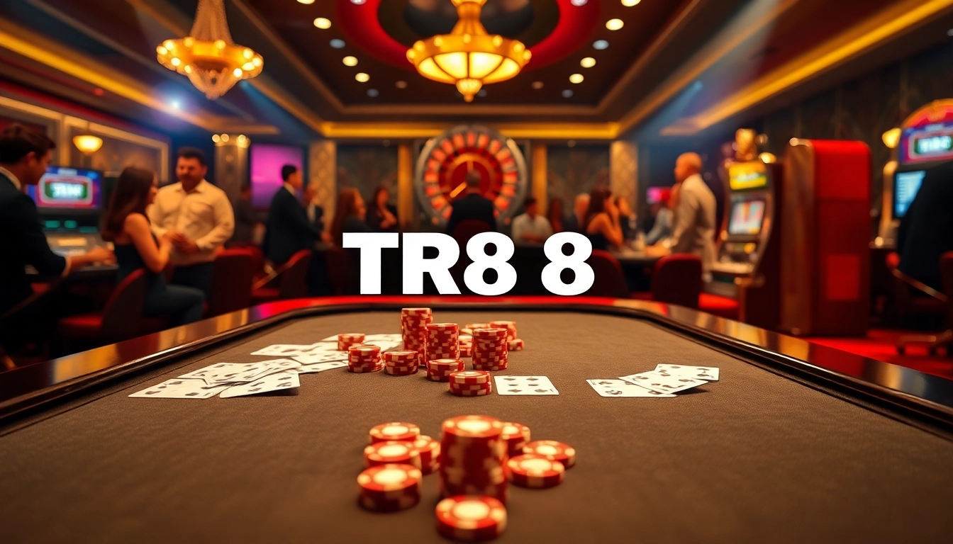 Experience the thrill of TR88 casino games with vibrant poker chips and a roulette wheel.