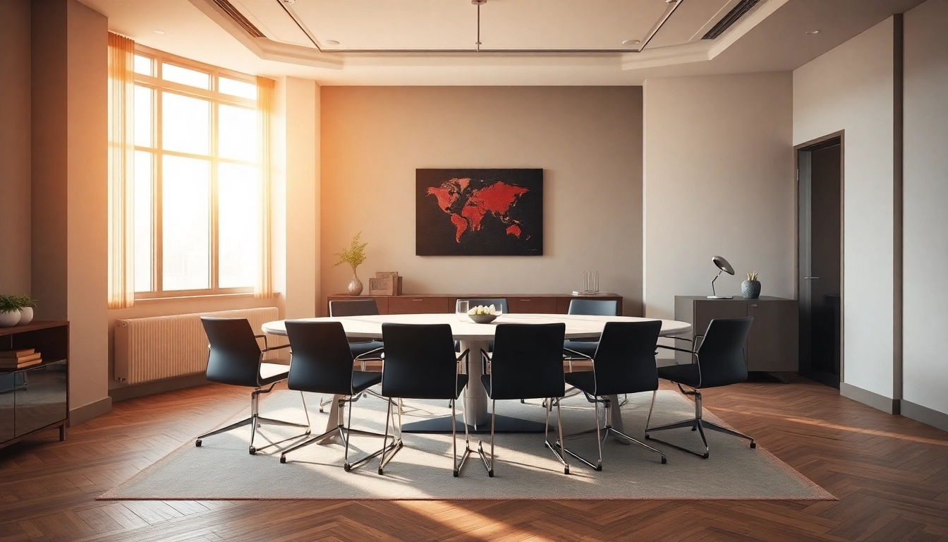 Visualisieren Sie Karriereplanung für Führungskräfte in einem eleganten Büroraum mit inspirierender Atmosphäre.