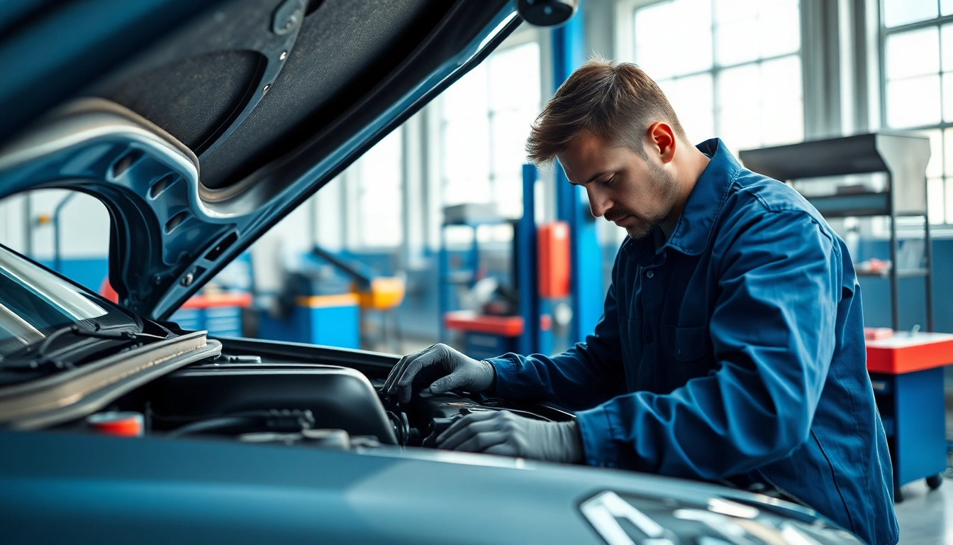 Motorschaden Ankauf: Mechanic examining a damaged engine in a bright workshop.
