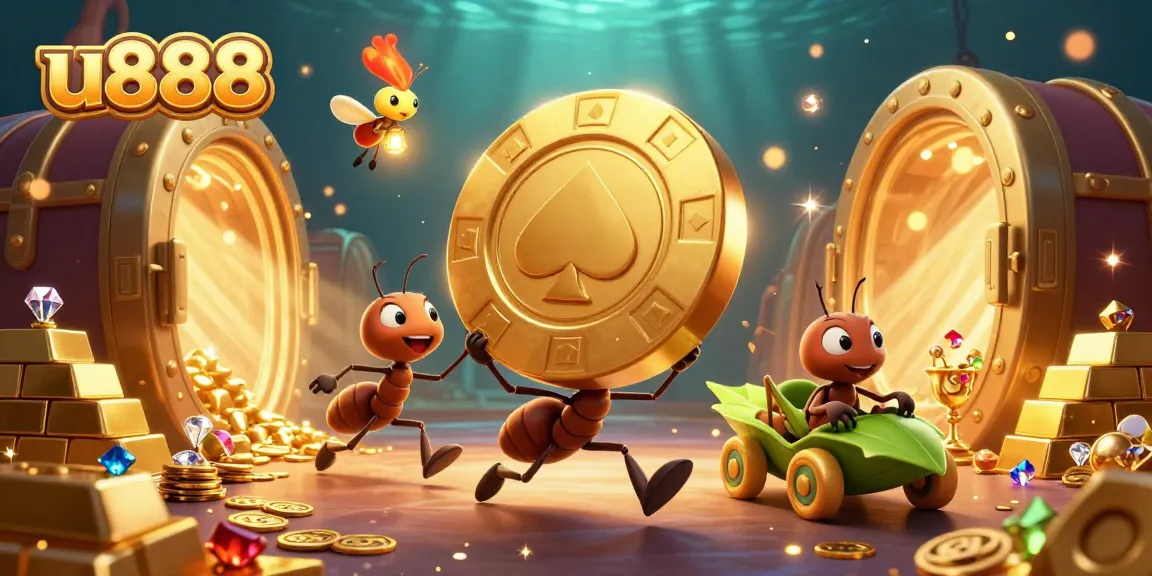 Join the u888 gambling adventure with ants heisting a giant poker chip in a dynamic casino scene.