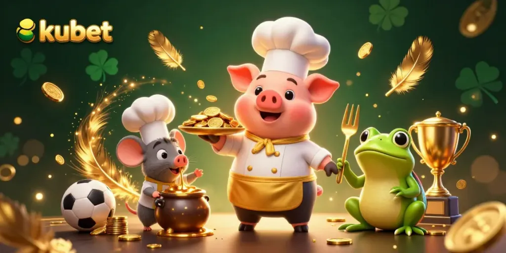 Engage in kubet sports betting with a lively scene featuring a chef pig, sous-chef mouse, and critic frog.