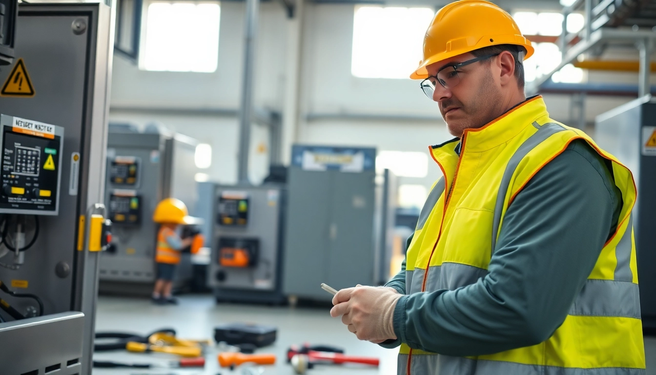 DGUV V3 Prüfung: Sicherheitsinspektor überprüft elektrische Geräte in einem modernen Industriegebiet.