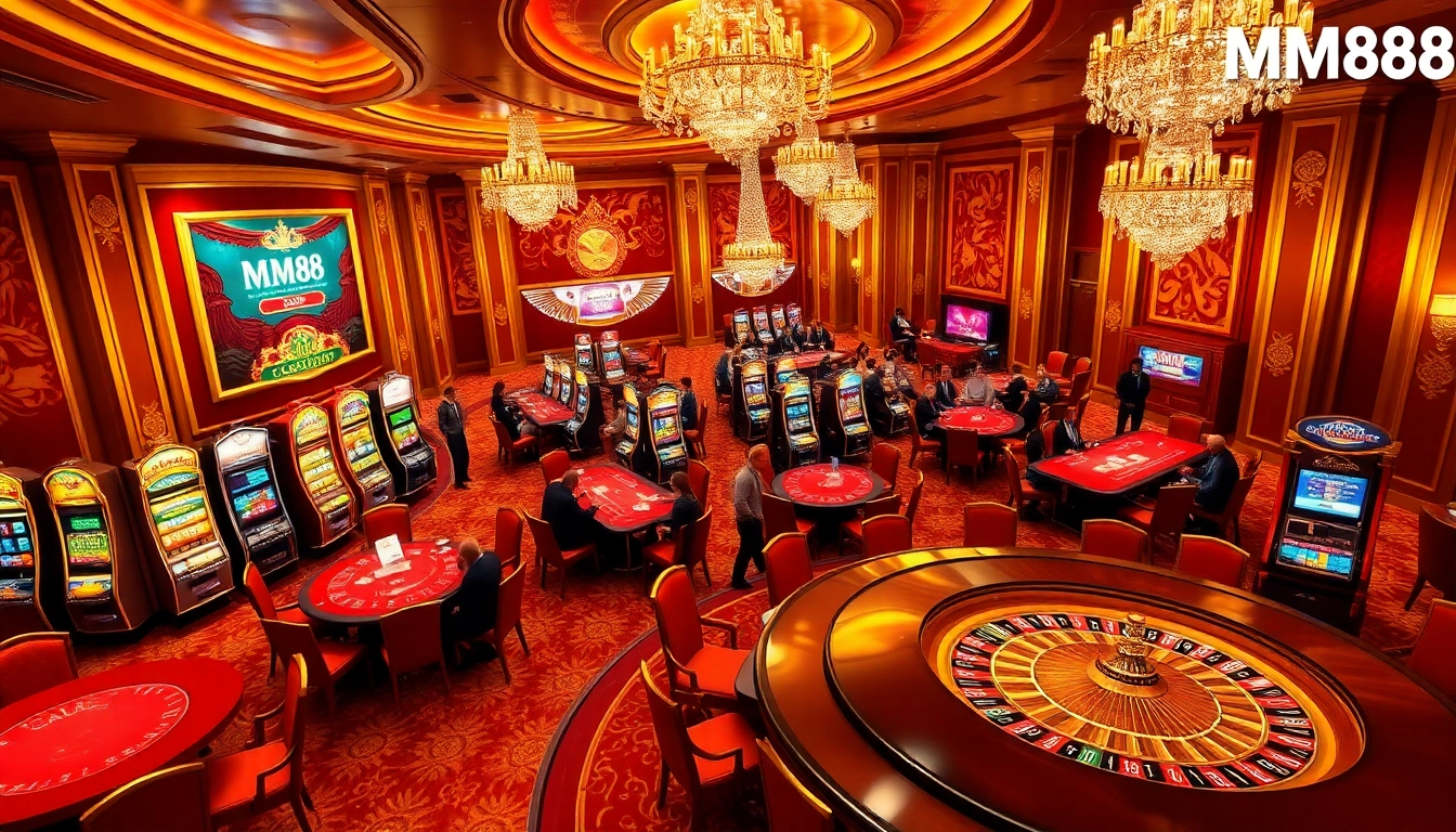 Players engaging in exciting games at MM88 casino, showcasing vibrant atmosphere and luxurious decor.
