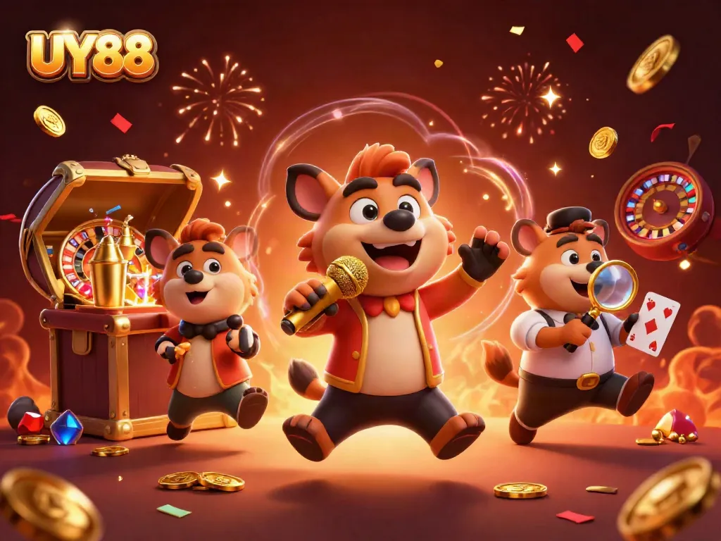 Experience the lively atmosphere of UY88 Casino with hyenas entertaining and mixing drinks.
