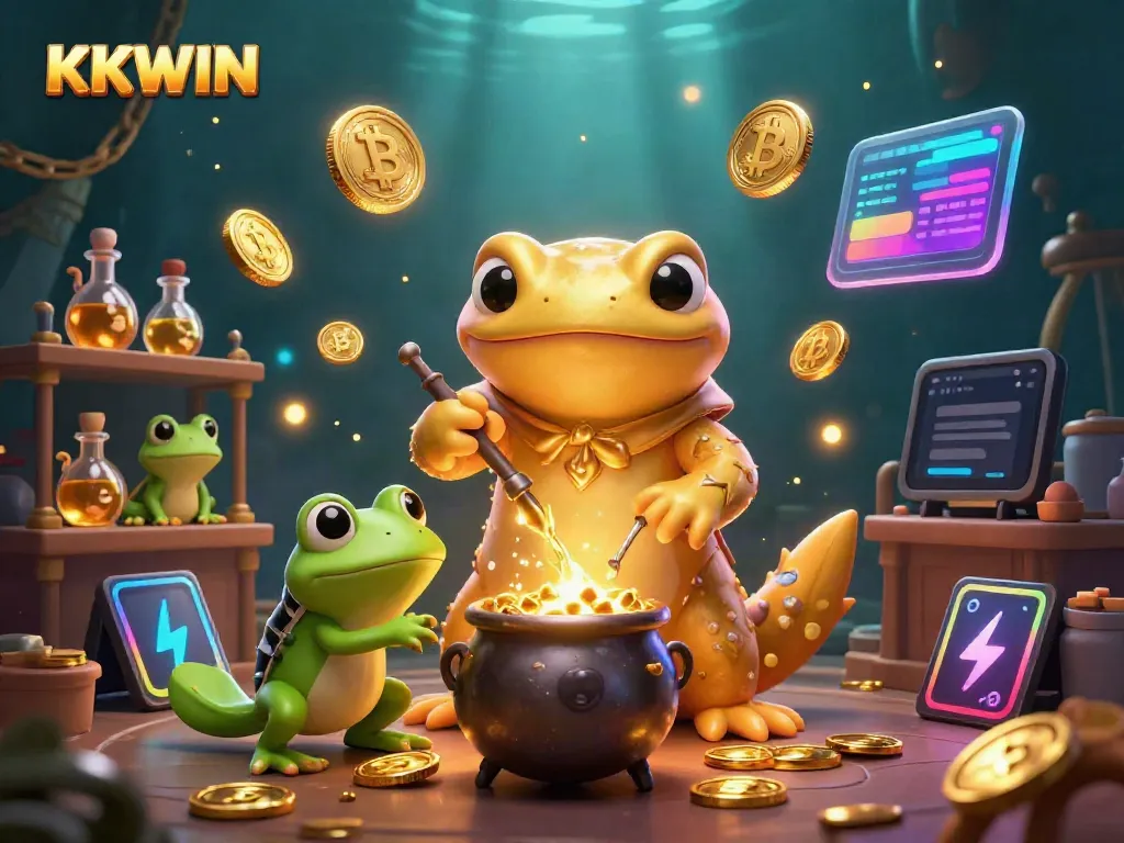 Experience magical gaming with KKWIN's captivating 3D illustration of gold transmutation and crypto elements.