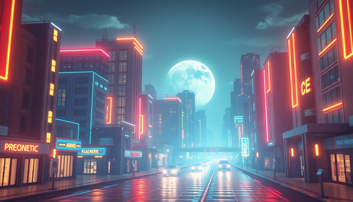 Erstellen Sie beeindruckende 3D Animationen eines futuristischen Stadtbildes mit kräftigen Farben und dynamischen Elementen.