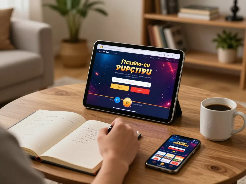 Interaktion mit der f1casino-eu-Plattform auf einem Tablet für sicheres Online-Gaming.