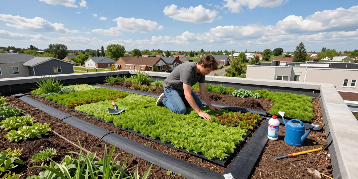 Leichte Gründachinstallation, die das Dachbegrünung Gewicht mit lebhaften Sedum-Pflanzen an einem sonnigen Tag zeigt.
