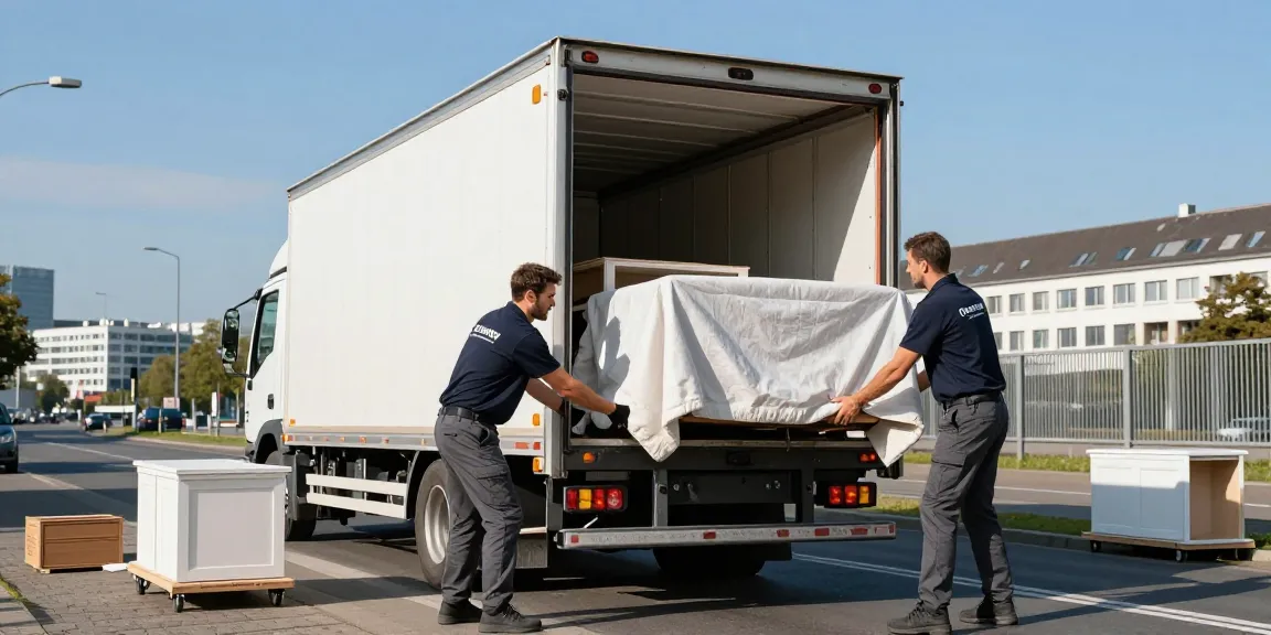 Professionelle Umzugsunternehmen Ludwigshafen laden Möbel in Lastwagen, urbanes Setting zeigt effiziente Umzugsarbeiten.