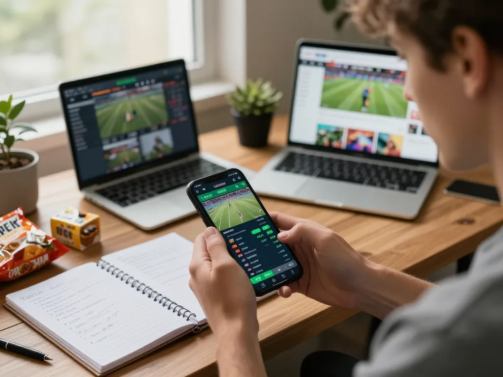 Engaged user placing live bets on iwin sports betting app in a cozy home setting