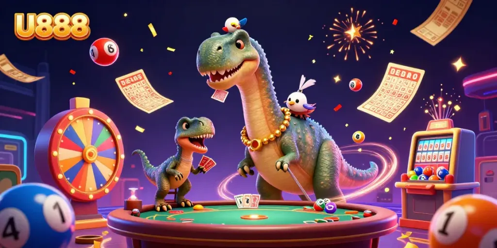 Experience the excitement of U888 with a towering brontosaurus and clever raptor dealing cards amid colorful gambling elements.
