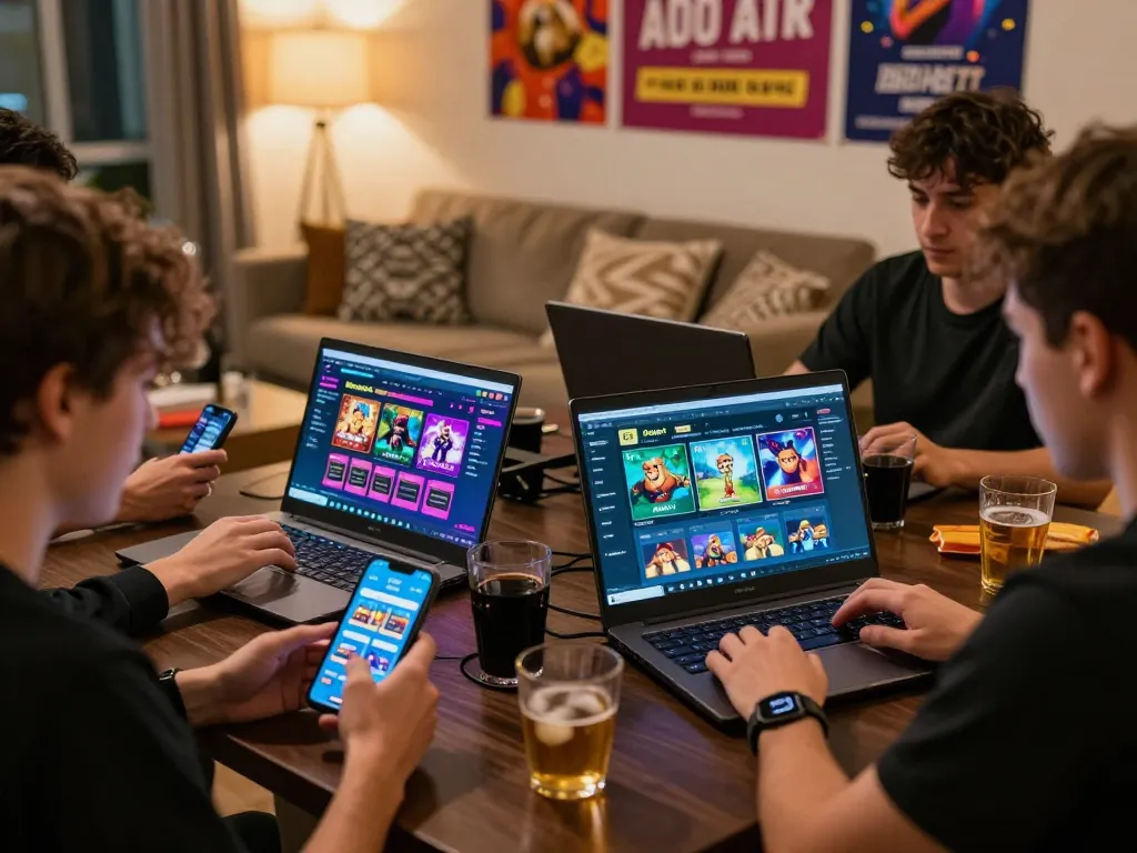 Players engaging with Onbet's online betting platform in a lively living room.