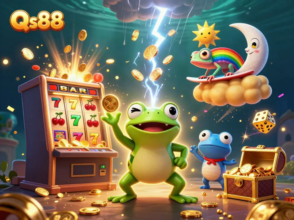 Experience the excitement of Qs88 with dynamic casino characters amidst a jackpot explosion of coins.