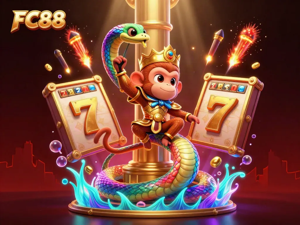 Experience the thrill at FC88 with a vibrant 3D online casino scene showcasing a monkey king and rainbow serpent.