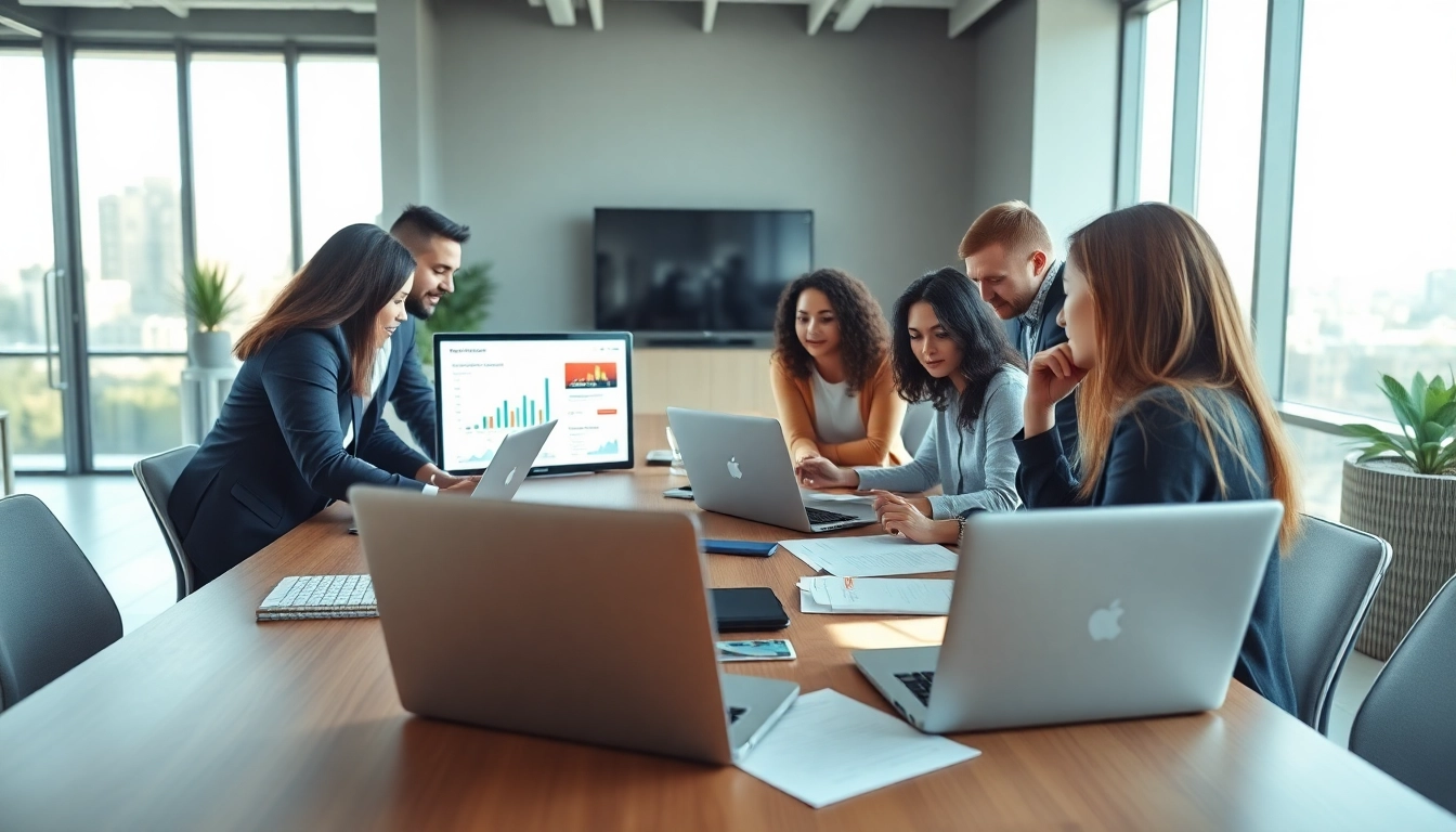 Online Marketing Strategien in einer modernen Büroumgebung mit einem kollaborativen Team.