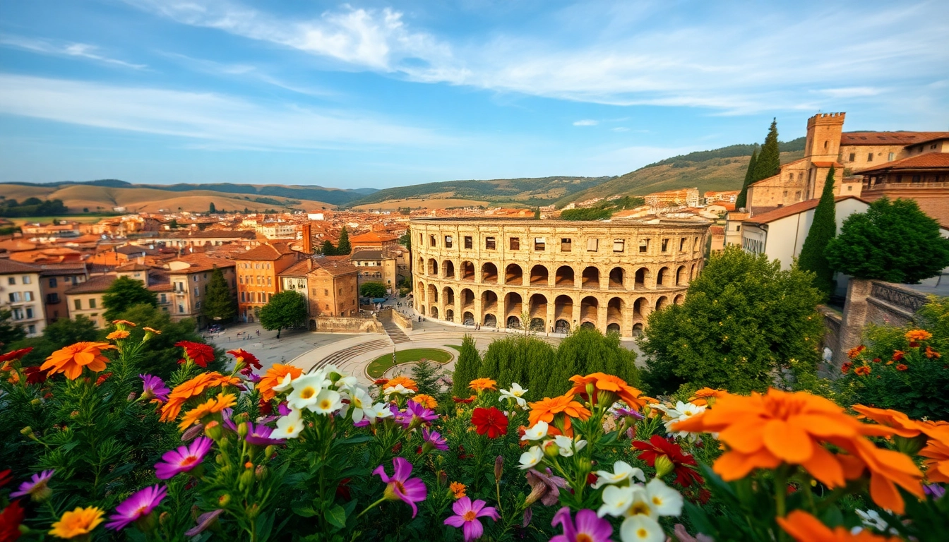 Verona Sehenswürdigkeiten mit Arena di Verona umgeben von historischer Architektur und Blumen