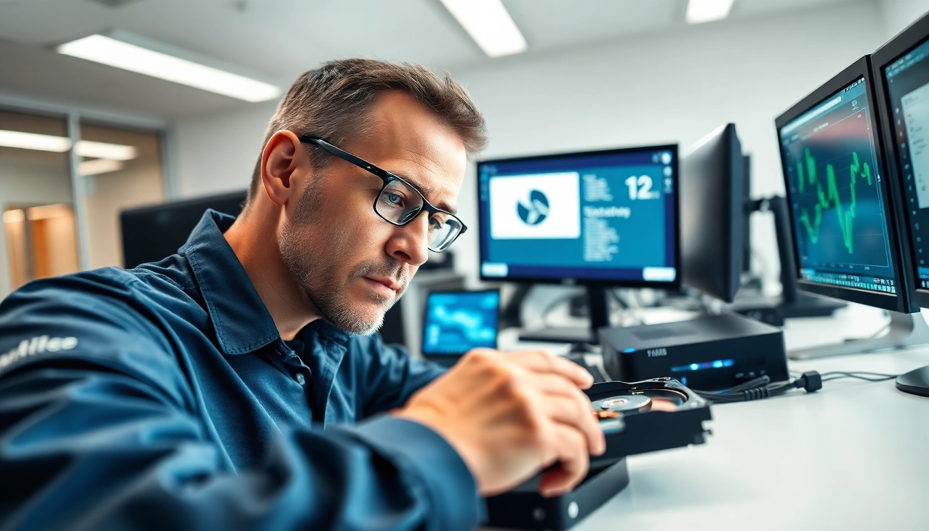 Datenrettung Wien: Professioneller Techniker analysiert Festplatte zur Datenrettung in einem modernen Büro.