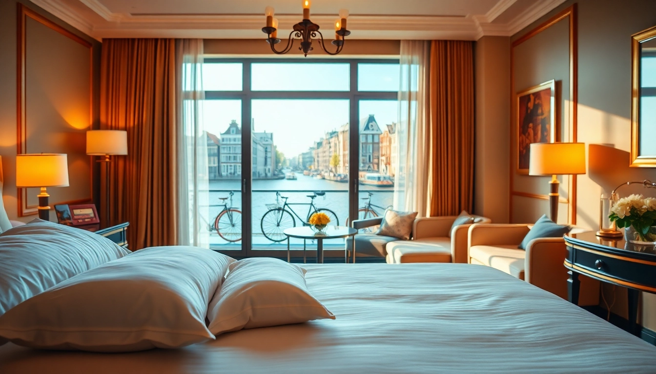 Luxuriöse Amsterdam Hotels mit eleganter Dekoration und Blick auf den Kanal.