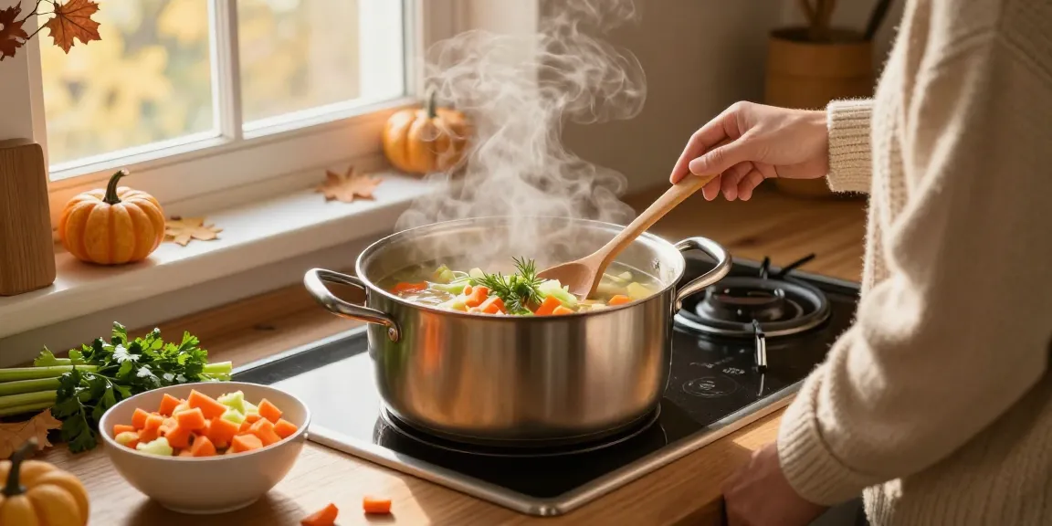 Vorbereitung von Klare Suppe in einer gemütlichen Küche im Herbst mit frischem Gemüse und warmer Atmosphäre.