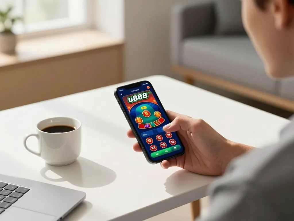 Play exciting games on the u888 mobile casino app in a stylish home office setting