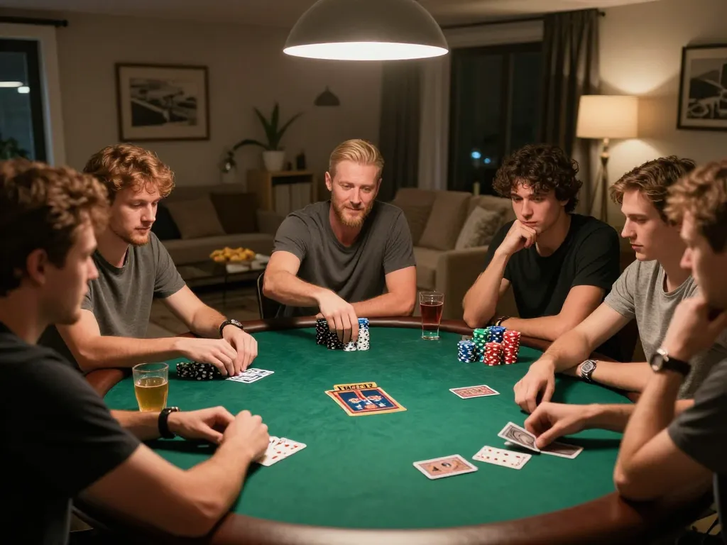 Playing poker at home with friends, featuring 92slot games and colorful chips in a cozy setting