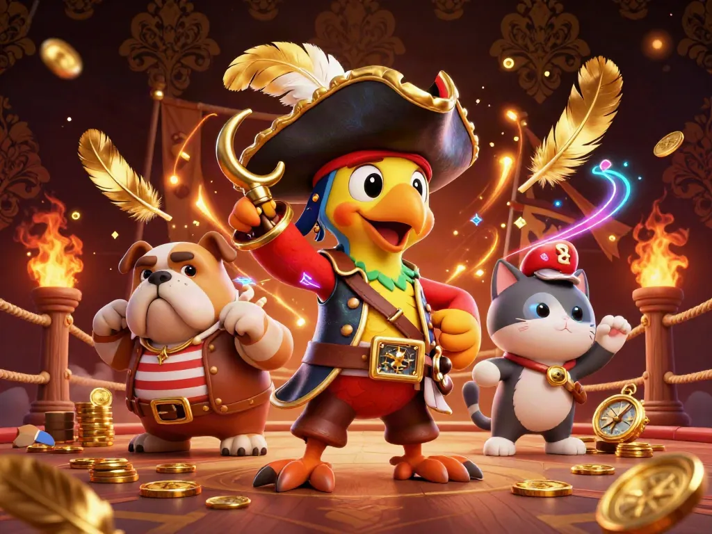 Game Bài Đổi Thưởng Fyi scene featuring a pirate captain and bulldog in a gambling arena.