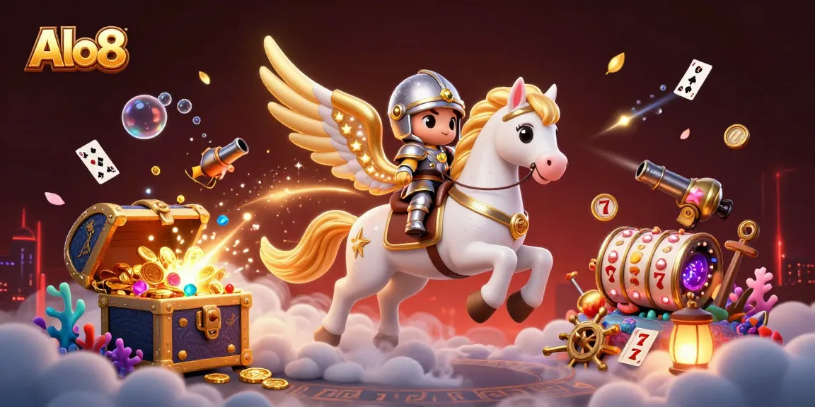 Alo8 players enjoying thrilling slot adventures with a celestial horse and knight amidst sparkling treasures
