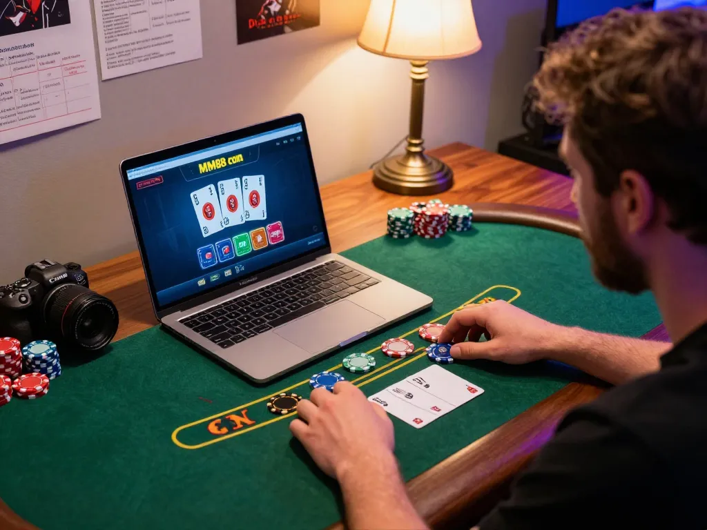 Player using MM88 com for strategic live dealer blackjack, combining gaming and personal study elements