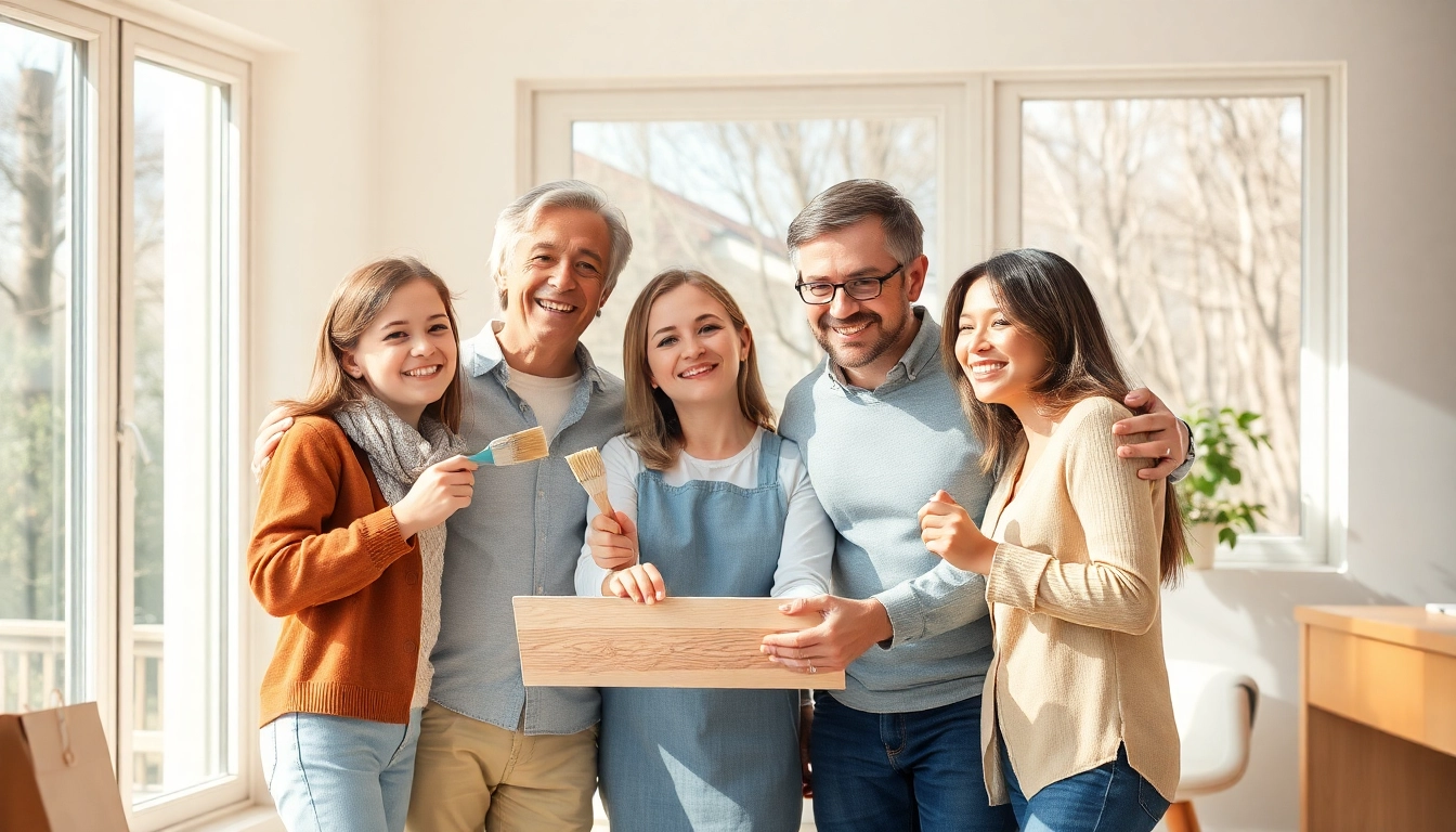Familie arbeitet an der Hausrenovierung mit Werkzeugen in einem hellen Raum.