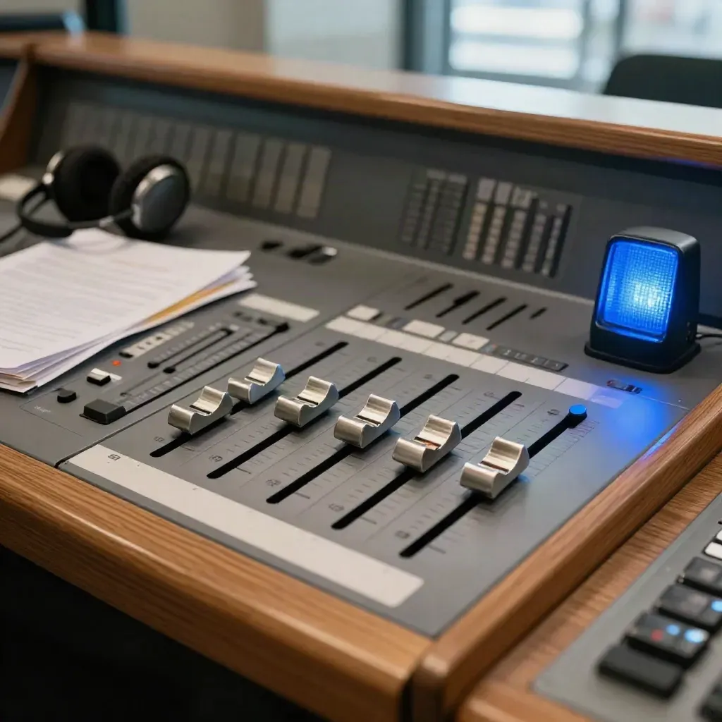 Live-Regiepult mit Fadern, Headset und blauem Signallicht im warmen Studiolicht
