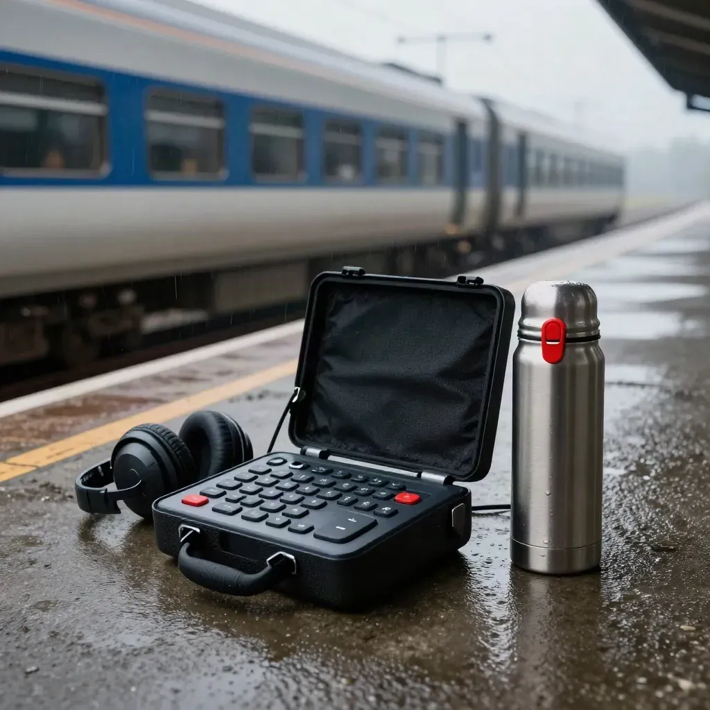 Podcast-Set am Bahnsteig, vorbeirasender Regionalzug, Regen und Wind in Bewegung