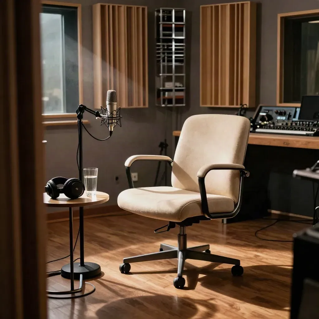 Leerer Gaststuhl mit Mikrofon, Wasser und Kopfhörern in warmem Radiostudio.