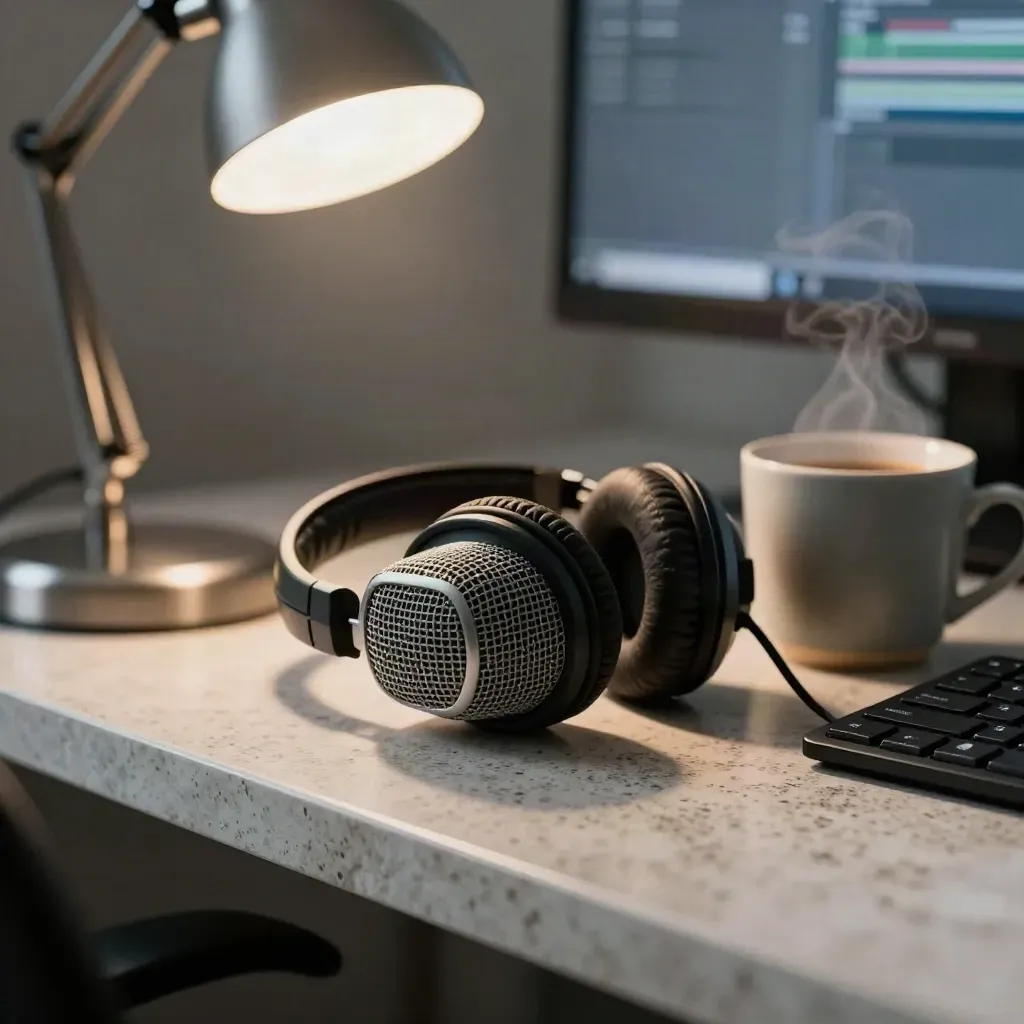 Makro von Mikrofon, Headset, Lampe und Kaffeebecher in der Morgenredaktion