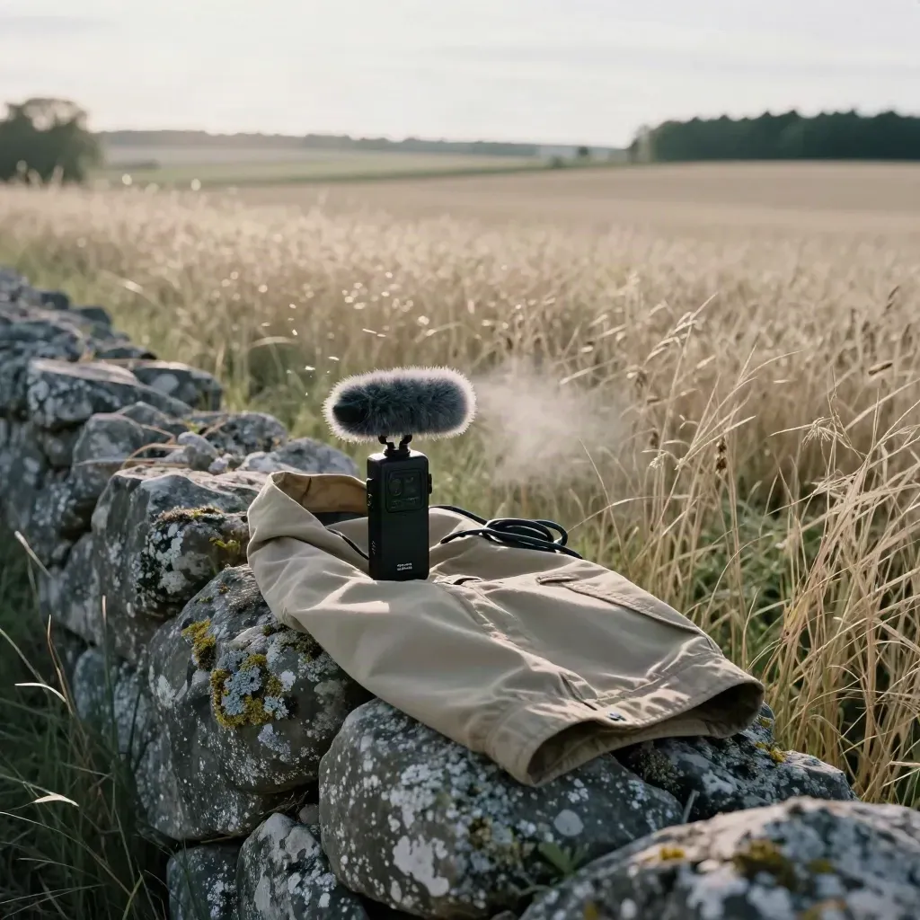 Feldaufnahme-Setup mit Mikrofon, Recorder und Jacke an einer Steinmauer in Brandenburg.