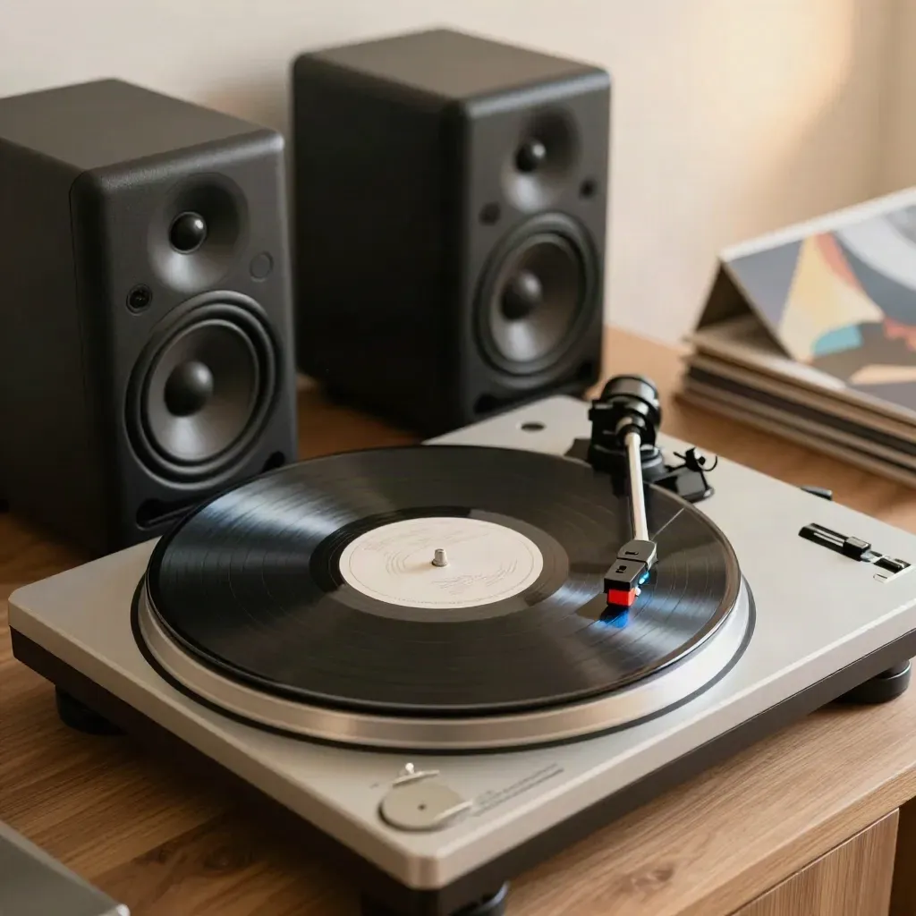 Plattenspieler mit Vinyl, Lautsprechern und Coverstapel im warmen Abendlicht