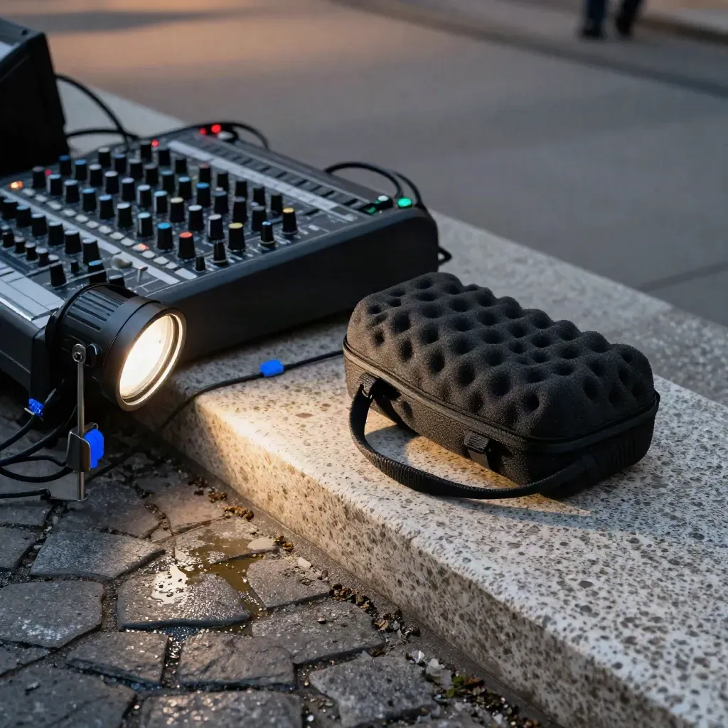Mobiles Außenset mit Mixer, Mikrofonkoffer und Lampe auf nassem Berliner Pflaster.