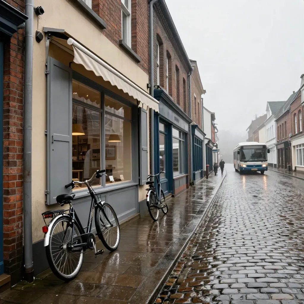 Nasse Kleinstadtstraße mit Bäckereifassade, Fahrrädern und fernem Bus im Morgenregen.