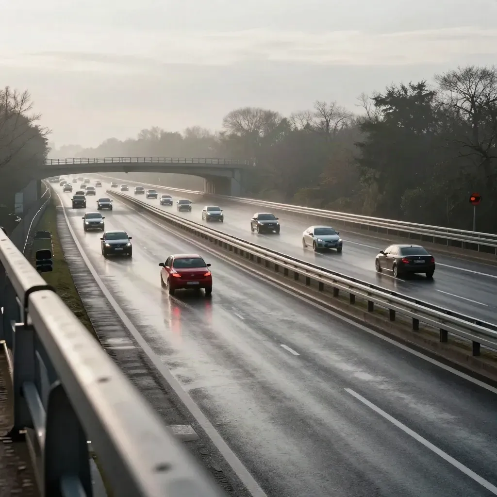Nasse Autobahn im Morgenverkehr aus erhöhter Sicht, mit Brückenbogen und rotem Akzent.