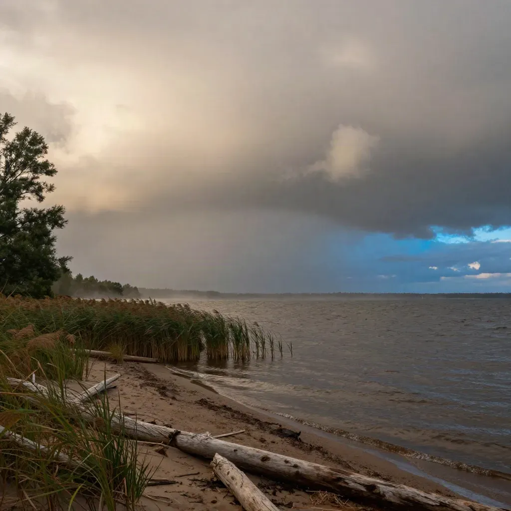 Wetterfront über einem Seeufer mit windigen Baumkronen und dunklen Wolken
