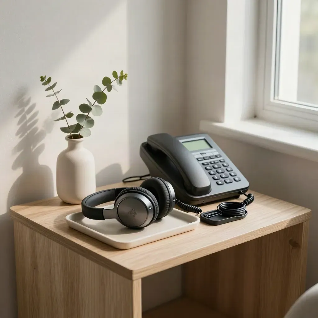 Hilfe-Ecke im Sender mit Headset, Telefon, Eukalyptuszweig und hellem Beistelltisch.