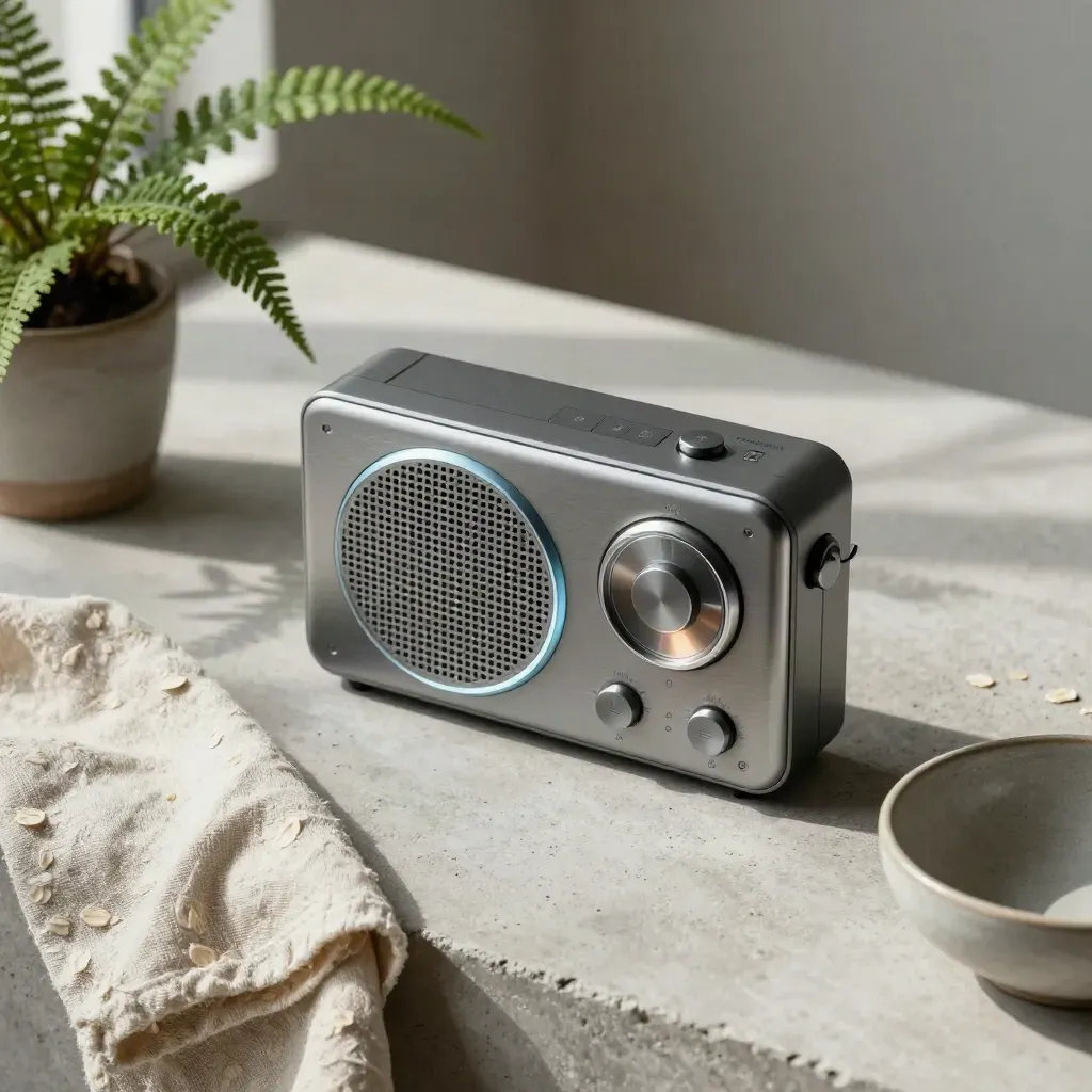 Radio mit Leinenstoff, Farn und Schale auf heller Steinfläche, von oben fotografiert.