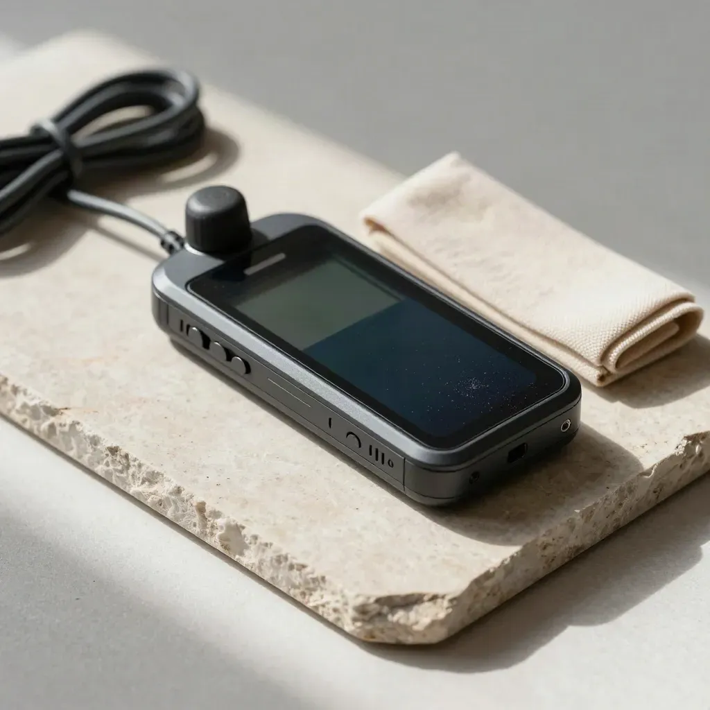 Podcast-Recorder mit Windschutz, Kabel und Stoff auf hellem Stein-Tablett.