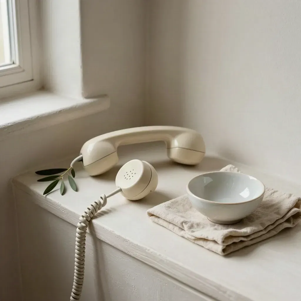 Telefonhörer, Pflanzenzweig, Leinentuch und Tonschale auf heller Ablage im weichen Fensterlicht.