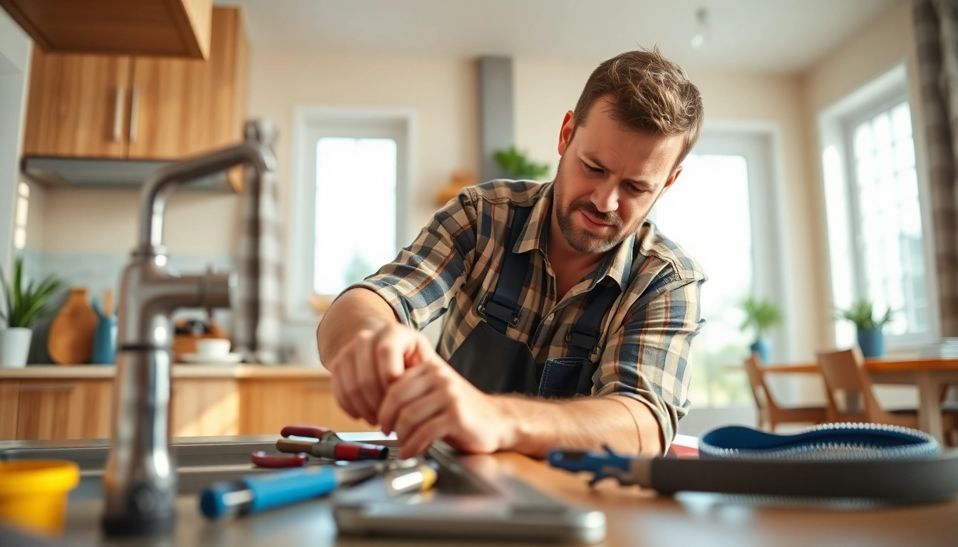 A skilled handyman repairing a sink in a bright kitchen, showcasing expertise and attention to detail.