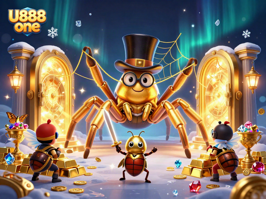 Engage with U888 one as a cartoon tarantula spins gold between casino pillars.