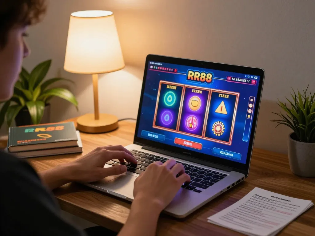 Player enjoying RR88 online casino games on a cozy laptop setup with betting notes.